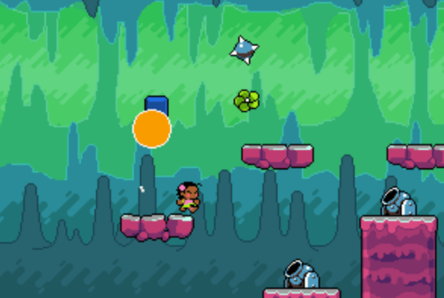 Notice how all the main layer assets have a clear and solid black outline: the player, the platforms, the cannons, the collectible flower, and the cannon balls