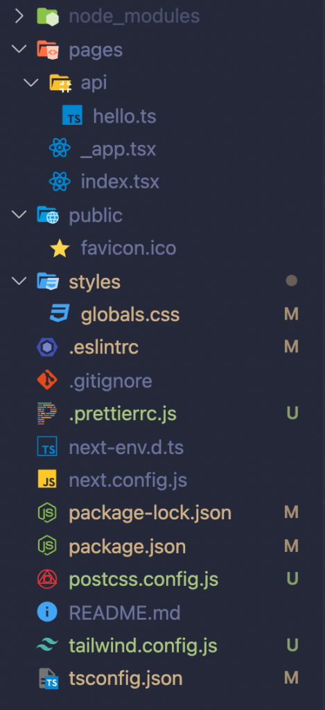 Final folder structure for a new NextJs project configured with Typescript, ESLint, Prettier, and TailwindCSS