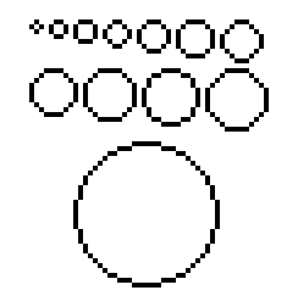 Examples of curves and circles in pixel art