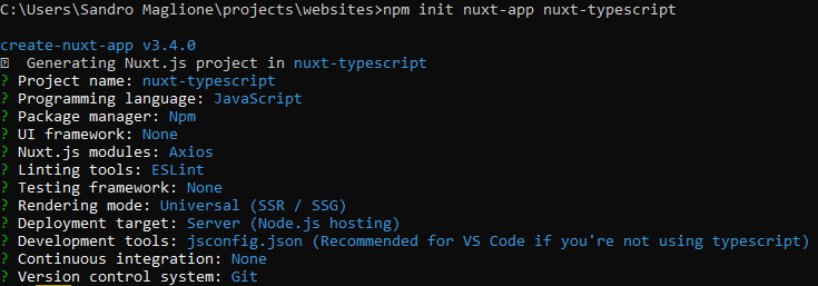 Result of launching create-nuxt-app. These are some general settings used to generate the NuxtJs project