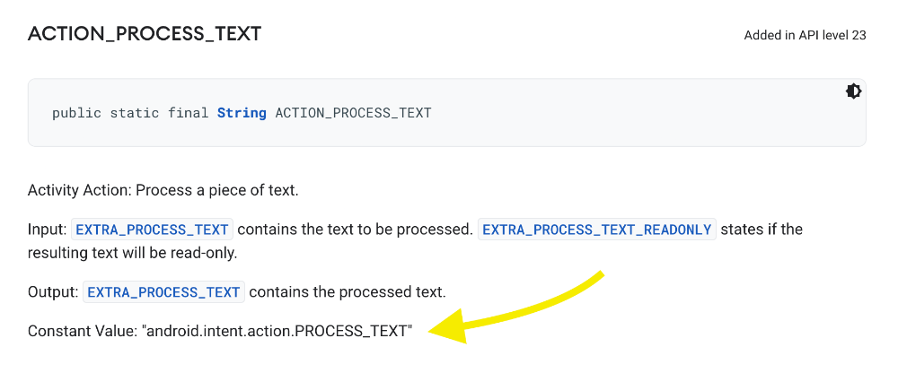 The action name is defined inside the documentation as "Constant Value"