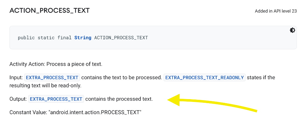 The name of the value provided by the intent action can be found inside the documentation