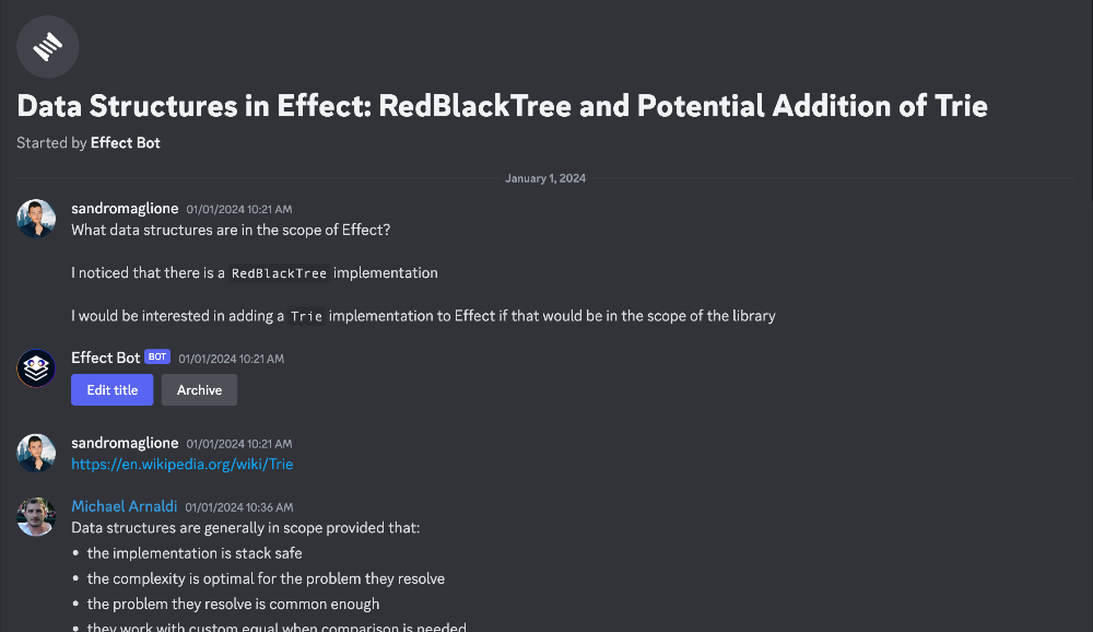 I asked on the Effect Discord channel if my idea of adding a Trie works. I made sure to understand all the requirements before starting my research for the implementation.