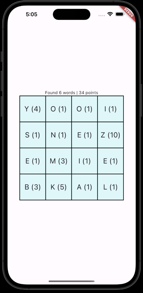 Compose words using the letters in the grid. The app needs to manage the state for the current selection, the words dictionary, the found words, and the points 🤔
