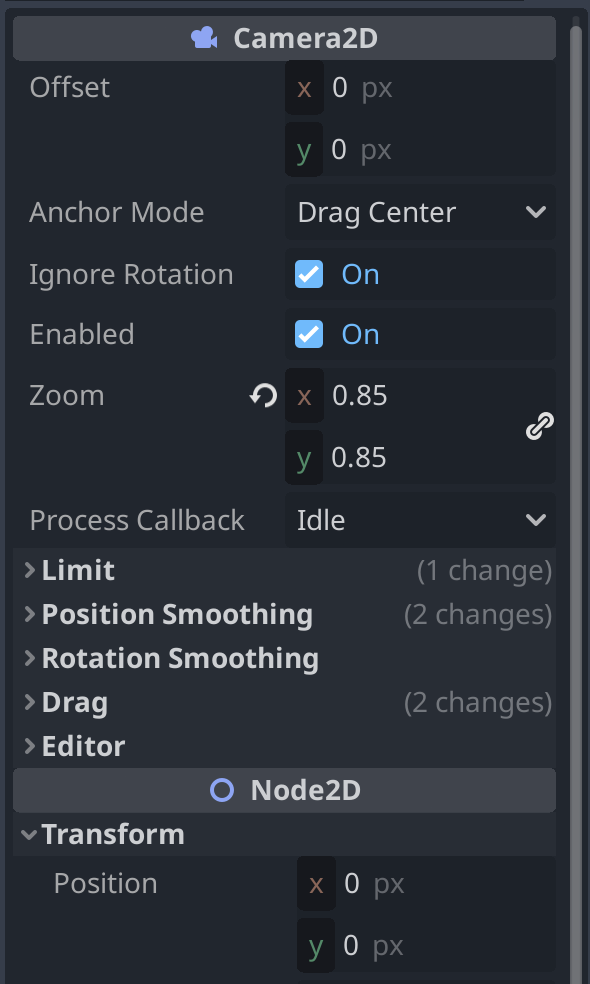 A Camera2D in Godot allows to change the zoom, limit, drag, and smoothing