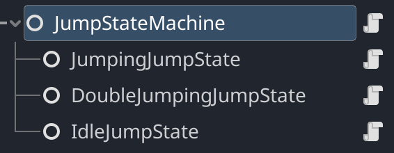 Example of state machine in Godot: a parent node represents the state machine, while each child node represents a unique state