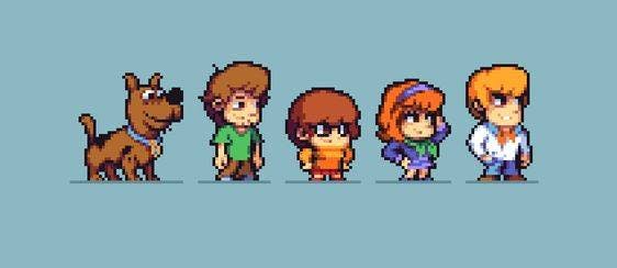 All the main characters in the cartoon "Scooby-Doo" in a pixel art style