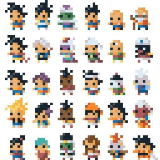 Dragon ball characters made as 8x8 pixel art sprites