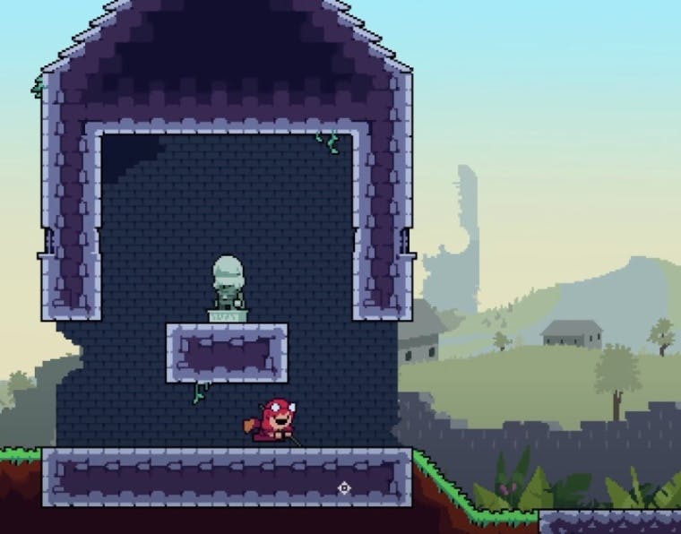 Example of a simple yet complete platformer level: main layer is clearly visible (character, walls, statue, grass), the brick wall close background, and a parallax background