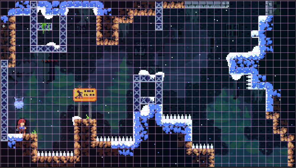The tiles in Celeste are all 8x8 pixels. Each tile has different variations and details. After adding foreground, objects, background, and animations the level breaks away from the grid and instead it gives the impression of a cohesive environment that tells a unique story (from aran.ink)