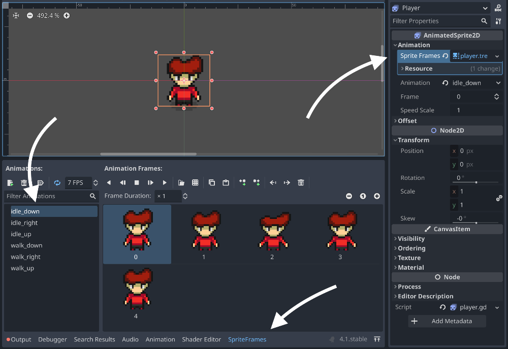Example of AnimatedSprite2D with a list of animations for the player