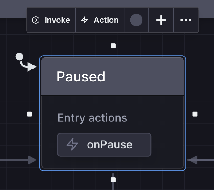 Select any state and click on "Action" to add an entry action (you can add multiple actions)