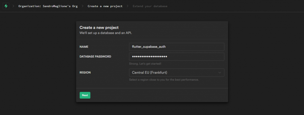 Create a new project on supabase with name, password, and region for your database