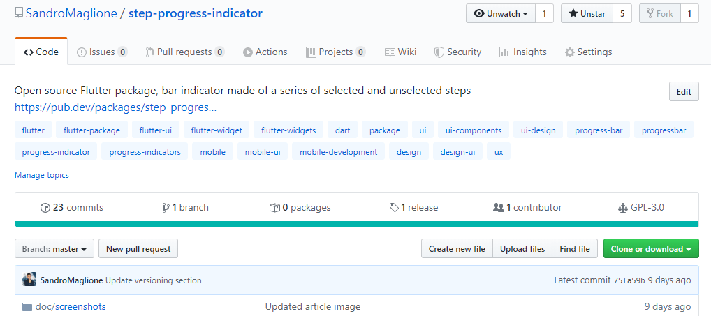 Github page for the step_progress_indicator package. All the code is open-source and available for everyone to check out