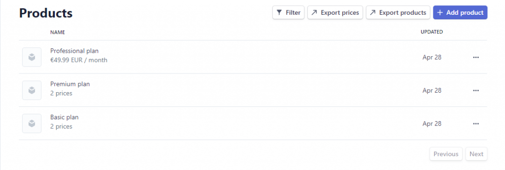 Stripe dashboard showing all the products you created