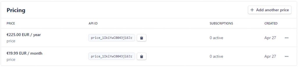 Stripe dashboard showing the prices of your product