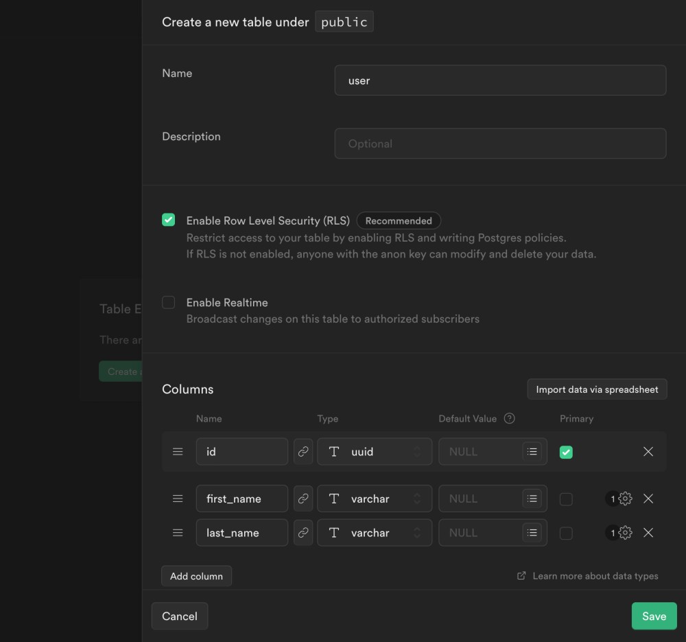 Create new user schema in Supabase